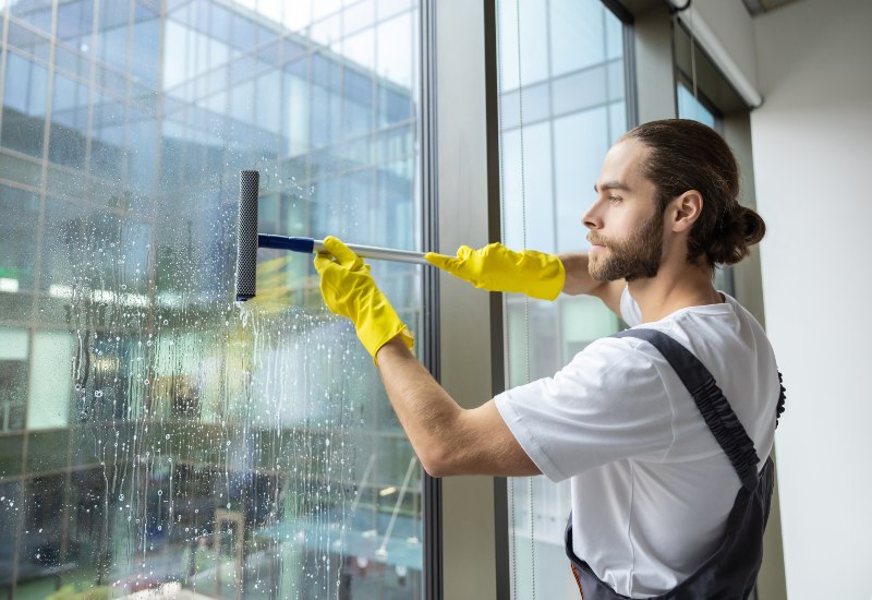A Clear View Window Cleaning is cleaning the windows of a commercial building in Stewartstown, PA