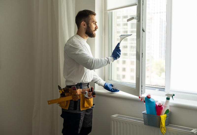 Young man washing window in office
